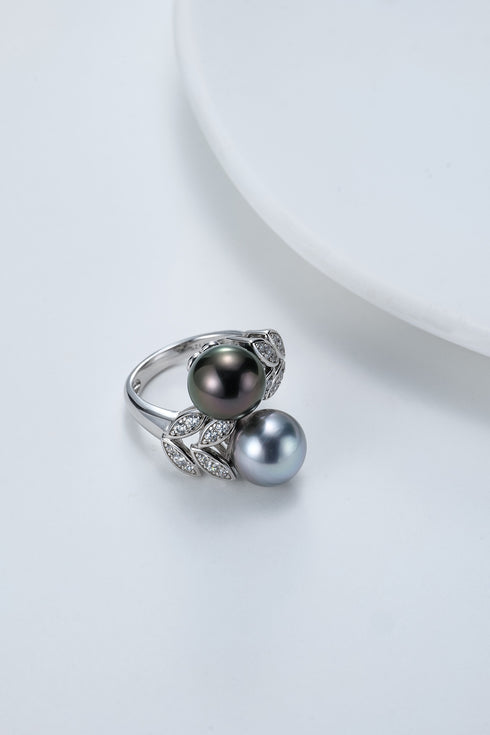 7-8mm Silver Blue Akoya and Tahiti Pearl Ring